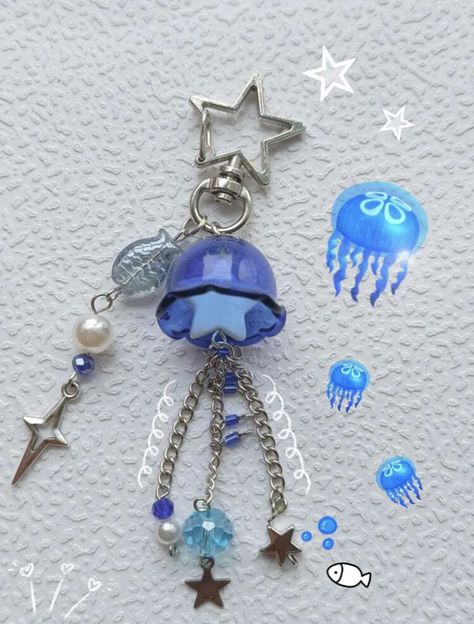 Jellyfish Keychain, Jellyfish Jewelry, Diy Jellyfish, Blue Jellyfish, Blue Keychain, Gelang Manik-manik, Pola Gelang, Bead Charms Diy, Gelang Manik