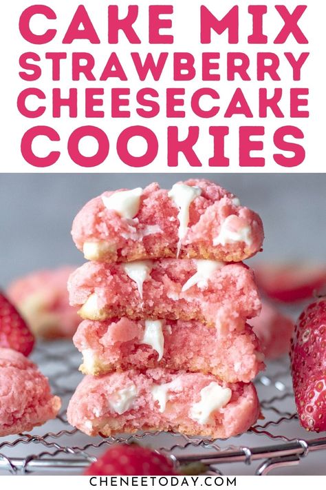 Strawberry Cream Cheese Cookies, Strawberry Cheesecake Cookies, Cookies With White Chocolate Chips, Strawberry Cake Mix Cookies, Cookies With White Chocolate, Strawberry Cake Mix, Cake Mix Cookie Recipes, Strawberry Cookies, Cream Cheese Cookies