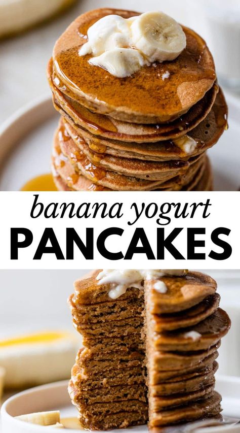 These crowd-pleasing Banana Yogurt Pancakes are easy to make because they're made in a blender! The batter is enhanced with bananas and yogurt, resulting in extra tender and fluffy pancakes with an irresistibly sweet banana-y flavor. Pancakes With Banana And Egg, Yogurt Banana Pancakes, Banana Blender Pancakes, Banana Greek Yogurt Pancakes, Banana And Yogurt Recipes, Banana Recipes No Flour, Breakfast Yogurt Ideas, Banana And Egg Pancakes, Mediterranean Breakfasts