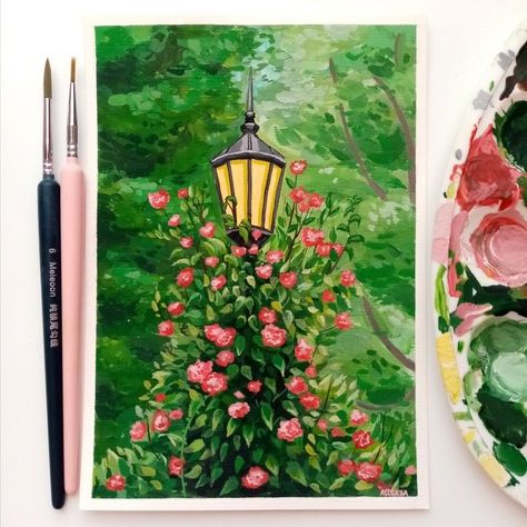 Cute Flashlight, Gouache Flower Painting, Garden Lantern, Art Gouache, Whimsical Art Journal, I Love Flowers, Watercolor Architecture, Oil Pastel Paintings, Oil Pastel Art