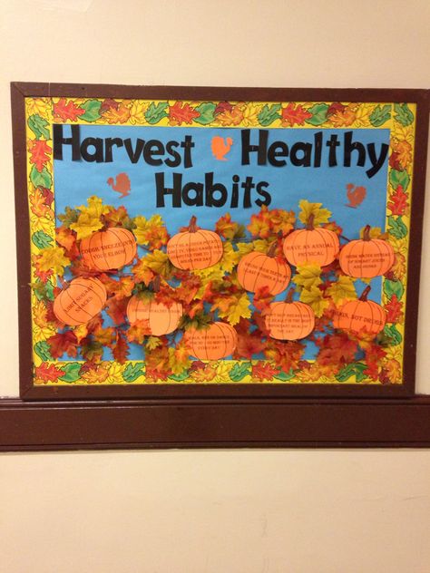 Harvest Healthy Habits Bulletin Board, November School Nurse Bulletin Board Ideas, Fall Sel Bulletin Board, Fall Into Healthy Habits Bulletin Board, Nutrition Bulletin Board Ideas, Ra November Bulletin Boards, Healthcare Bulletin Board Ideas, November Ra Bulletin Boards, School Nurse Posters