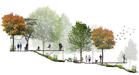 River Landscape Architecture, Landscape Architecture Section, Landscape Architecture Presentation, Landscape Diagram, Landscape Architecture Diagram, Landscape Architecture Graphics, Landscape Architecture Plan, Urban Design Graphics, Landscape Design Drawings