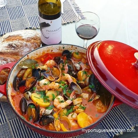 Portuguese Seafood Stew Recipe, Portuguese Seafood, Portuguese Kitchen, Buttery Shrimp, Seafood Stew Recipes, Fish Stew Recipes, Canning Whole Tomatoes, Seafood Stew, Fish Stew