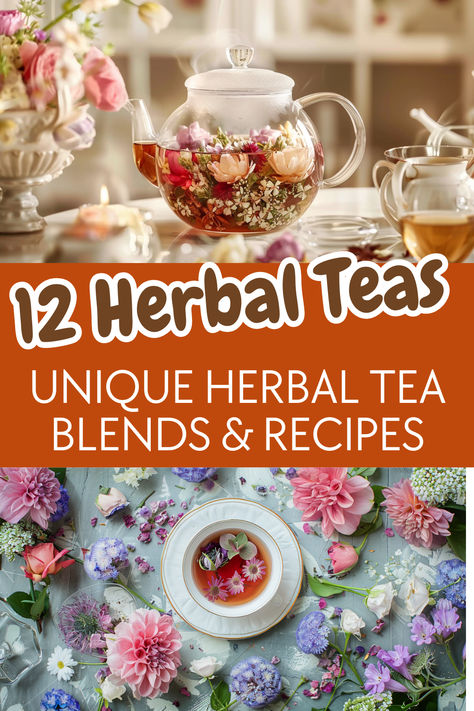 Herbal drinks and tea blends. Text reads: 12 Herbal teas. Unique herbal tea blends and recipes. Herbalism Recipes, Herbal Tea Recipes Homemade, Herbal Tea Remedies, Tea Blends Recipes, Herbal Tea Garden, Tea Remedies, Best Herbal Tea, Herbal Remedies Recipes, Medicinal Tea