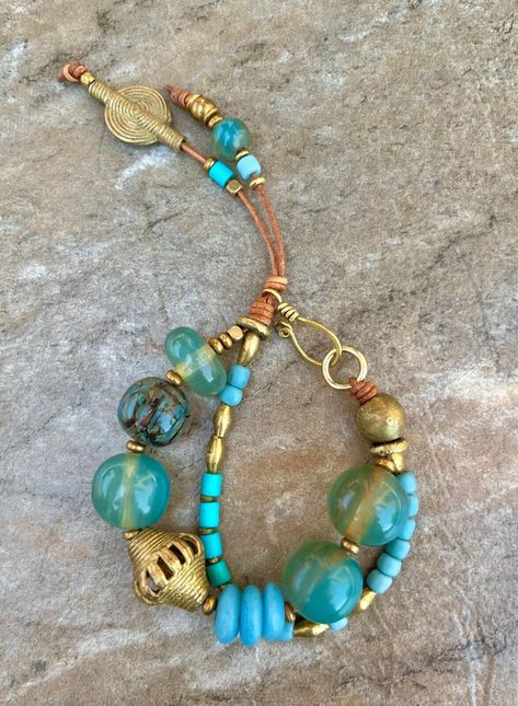 Bohemian Bracelet, Vintage Aqua Resin and African Tribal Beads African Beaded Bracelets, Bohemian Chic Jewelry, Ocean Inspired Jewelry, Hippie Bracelets, Boho Chic Jewelry, Summer Bracelets, Bohemian Bracelets, Gemstone Beaded Bracelets, Bracelet Vintage