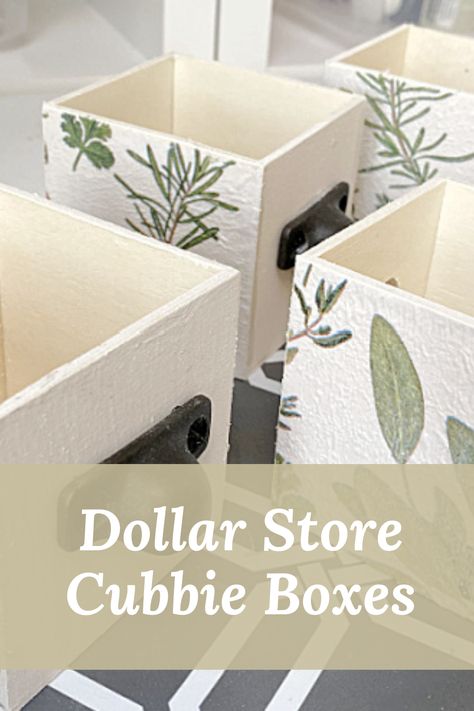 cubbie boxes with decoupaged napkin sides and overlay Dollar Tree Drawers, Dollar Tree Boxes Diy Crafts, Dollar Tree Wood Crafts Diy, Dollar Store Bins, Drawer Decor, Diy Utensils, Wooden Box Diy, Dollar Store Diy Projects, Bamboo Box