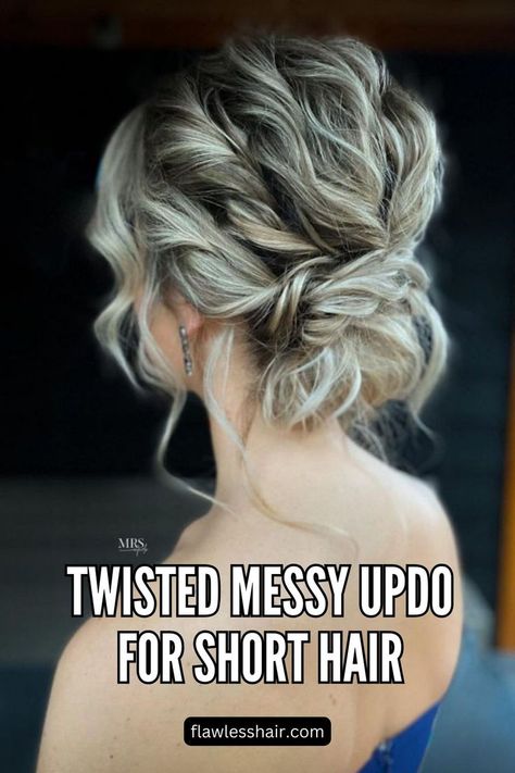 Twisted Messy Updo For Short Hair Short Updo Hairstyles For Wedding, Medium Length Wedding Hairstyles Updo, Mid Length Bridal Hair Updo, How To Do An Easy Updo, Semi Updo Hairstyles Short Hair, Updo For A Wedding, Casual Wedding Updos For Medium Hair, Low Ponytail Wedding Hair Short, Short Hair Wedding Updo The Bride