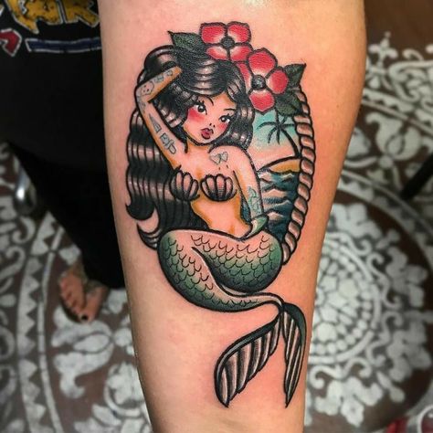 Traditional Mermaid Tattoos, Sailor Tattoos, Pin Up Girl Tattoo, Sailor Jerry Tattoos, Traditional Tattoo Sleeve, Mermaid Tattoo, Mermaid Tattoos, Pin Up Tattoos, Sailor Jerry