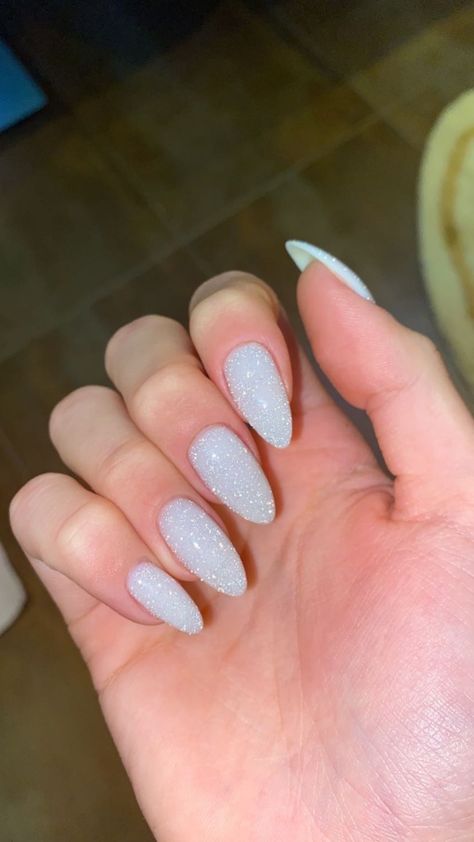 White Acrylics Nails, White Nails For Prom, Sparkly White Nails, White Sparkly Nails, Simple Prom Nails, White Winter Nails, Nails For Prom, Glitter Gel Nail Designs, White Almond Nails