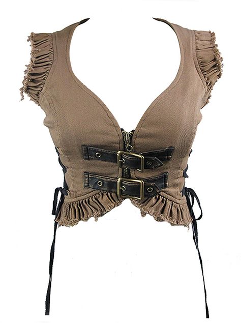 Nouveau produit : Light brown short top with straps lace-up and frills Steampunk Vous aimez ? / New product do you like ?  Prix: 47.90  #new #nouveau #japanattitude #tops #steampunk #bohème #bohem #top #croptop #short #beige #brown #clear #straps #lacings #frilly #hippie #witchy #devil #fashion #wt029 #devilfashion #shorttop Rock Style Women, Crop Top Noir, Casual Steampunk, Punk Rock Style, Mode Steampunk, Style Steampunk, Punk Rock Fashion, Steampunk Clothing, Brown Shorts