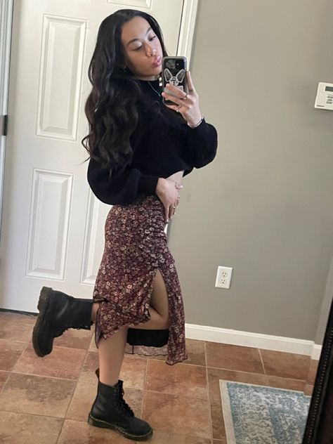 Long Skirt Outfits With Docs, Midi Skirt And Doc Martens, Maxi Skirt With Doc Martens, Skirts And Doc Martens Outfit, Long Dress With Doc Martens, Doc Martens With Skirt, Long Skirt Doc Martens Outfit, Doc Martens Skirt Outfits, Skirt And Doc Martens Outfit