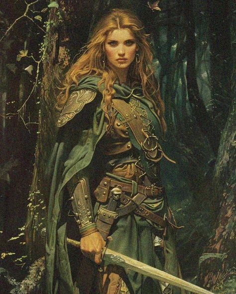 Dark fantasy elven scout im the forest. #dnd #dungeonsanddragons #fantasy #darkfantasy #retro #art #si #aiart #midjourney #frankfrazetta #female #elves Wood Elf Skyrim, Forest Warrior Fantasy Art, Elven Warrior Female, Elf Warrior Female, Wood Elf Dnd, Battle Outfits, Forest Elves, Female Book Characters, Elven Woman