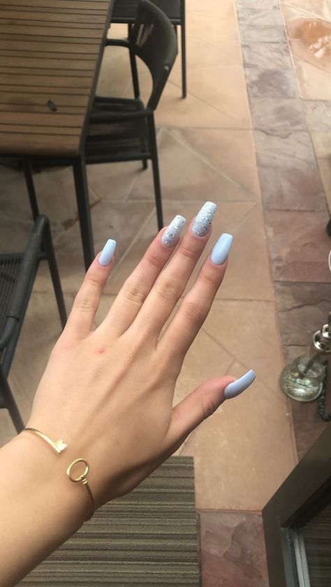 Light Blue Nail Inspo Coffin, Light Blue Acrylic Nails Coffin Medium, Nails For Sky Blue Dress, Silver Light Blue Nails, Light Blue Sparkly Acrylic Nails, Long Light Blue Acrylic Nails, Light Blue And Silver Nails Acrylic, Glittery Light Blue Nails, Light Blue Nails With Accent Nail