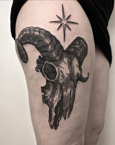 Ram Symbolism, Etching Style Tattoo, Medieval Style Tattoo, Rat King Tattoo, Wood Cut Tattoo, Etching Tattoo Linework, Ram Skull Tattoo, Tat Inspiration, Rat Tattoo