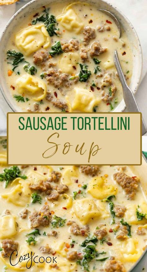 This creamy Sausage Tortellini soup is a 30 minute Stove Top meal that’s easy to make with sausage, kale, simple seasonings, broth, and cream! Sausage Kale Tortellini Soup Crockpot, Sausage Tortellini Soup With Heavy Cream, Sausage Toscana Soup, Supper Ideas Sausage, Palmini Soup Recipes, Creamy Comfort Soup, The Cozy Cook Recipes Soup, Shut Your Yapper Soup, Sausage And Tortellini Recipes Soup