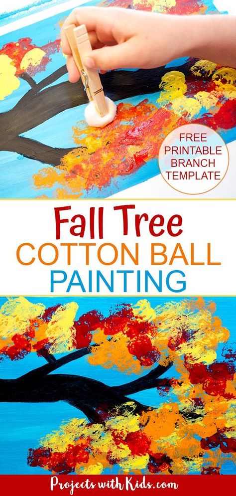 Cotton Ball Painting, Painting With Cotton Balls, Autumn Tree Painting, Høstaktiviteter For Barn, Kid Painting, Ball Painting, Fall Tree Painting, Crafts Fall, Fall Preschool Activities