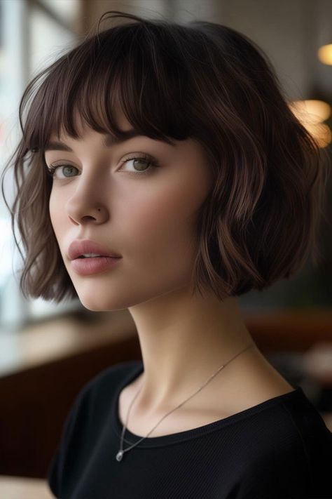 Elegant French Bob with Wispy Bangs, haircut for round face Modern French Bob With Bangs, French Bob Oblong Face, Round Face French Bob, Cute Haircuts For Round Faces, Parisian Bob Round Face, Bob Haircuts Layered, French Bob Round Face, Bob With Bangs Round Face, French Bob With Bangs Round Faces