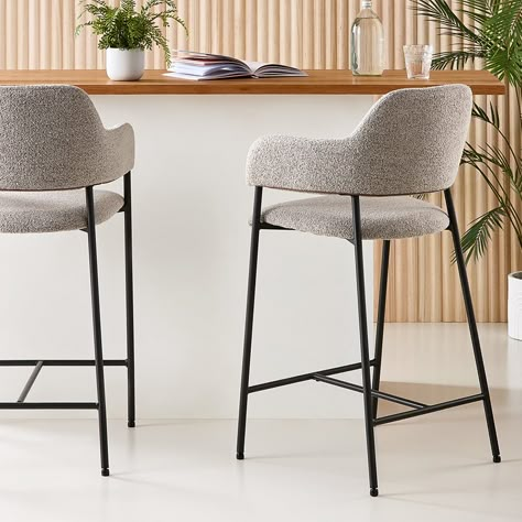 Size: 52.5cm (W) x 50.5cm (D) x 97cm (H) Seat Height: 65cm (H) Armrest to Floor: 86cm (H) *Counter Stools sold individually Upholstered dining range each fitted with sleek black metal legs. The back of each chair features a wide curve creating comfortable support. Click here for assembly instructions Kitchen Island Stools With Backs Swivel, Modern Counter Stools With Backs, Kitchen Stools For Island, Kitchen Island Bar Stools, Boucle Bar Stool, Modern Kitchen Stools, Modern Bar Stools Kitchen, Contemporary Bar Stool, Island Bar Stools