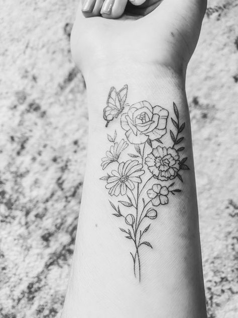 Flower Wrist Tattoo, Flower Bouquet Tattoo, Flower Wrist Tattoos, Bouquet Tattoo, Wildflower Tattoo, Forarm Tattoos, Daughter Tattoos, Butterfly Tattoo Designs, Mother Daughter Tattoos