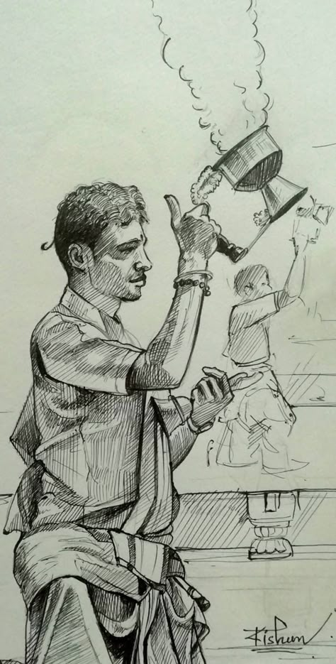 South Asian Drawing, Pencil Sketching Aesthetic, Human Pencil Sketches, Library Scene Drawing, Human Figure Sketches Indian, Composition Figure Drawing, Banaras Sketches, Village Man Drawing, Banaras Drawings