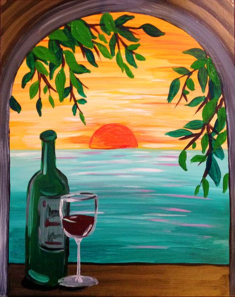 A glass of wine and a view of the beautiful sunset over the emerald sea seems like Paradise to me! Wine Painting, Cute Canvas Paintings, Canvas For Beginners, Canvas Drawings, Easy Canvas Painting, Canvas Painting Designs, Canvas Painting Diy, Small Canvas Art, Lukisan Cat Air