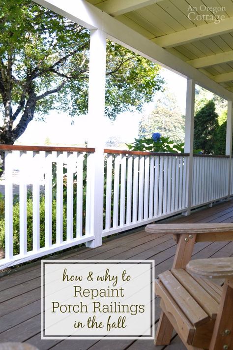 A full tutorial showing how to repaint porch railings and WHY the fall is the best time to paint to minimize future flaking! #painting #porch Front Porch Railings, Porch Kits, White Porch, Porch Paint, Porch Remodel, Building A Porch, Deck Paint, Porch Makeover, Porch Railing