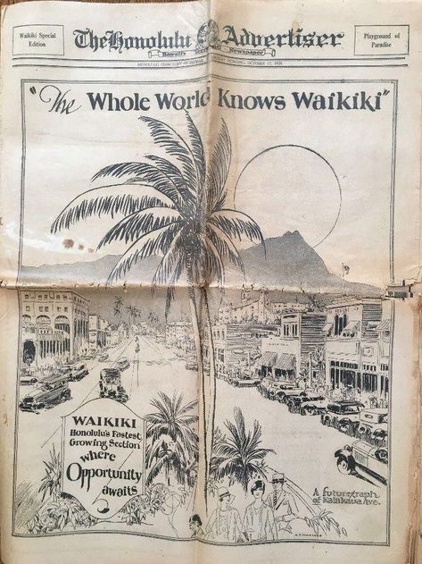 Newspaper Ideas, Old Hawaii, Angel Of The Morning, Waikiki Hawaii, Yearbook Themes, Vintage Aloha, College Aesthetic, Music Genre, Diamond Head