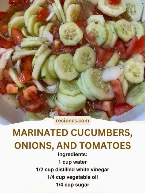 Marinated Cucumbers Onions And Tomatoes, Cucumbers Onions And Tomatoes, Marinated Salad, Onions And Tomatoes, Marinated Cucumbers, Snacks Under 100 Calories, Resep Salad, Cucumbers And Onions, Tomatoes Recipe