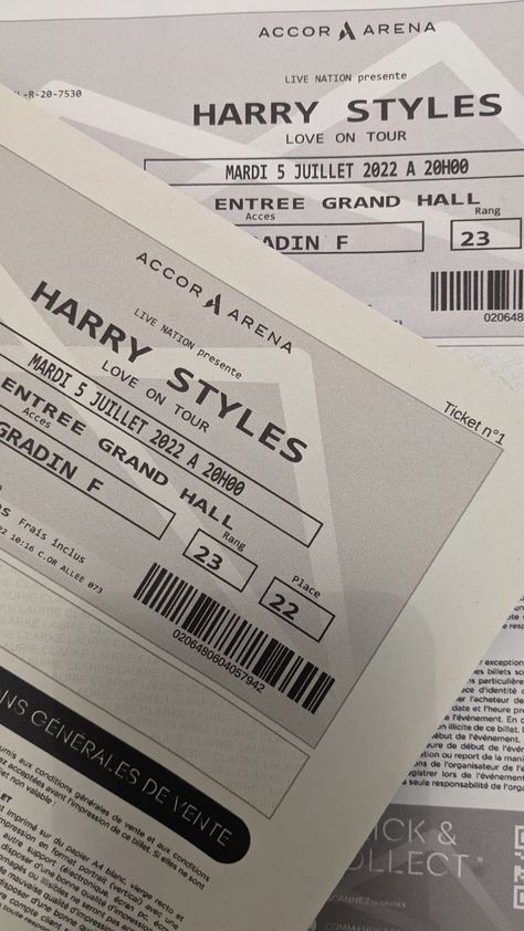 paper ticket harry styles love on tour barcode concert Harry Styles Concert Tickets Aesthetic, Paris Tickets Aesthetic, Tour Photographer Aesthetic, Harry Styles Concert Tickets, Harry Styles Tickets, Ticket Aesthetic, Paris Ticket, Manifesting 2023, My Only