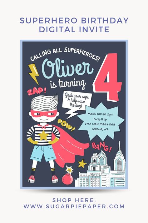 Superhero Birthday Party Invitations Boy Birthday Theme, Superhero Birthday Party Invitations, Superhero Birthday Invitations, Superhero Invitations, Puppy Birthday Parties, Kids Themed Birthday Parties, Third Birthday Party, Sugar Pie, Birthday Themes For Boys