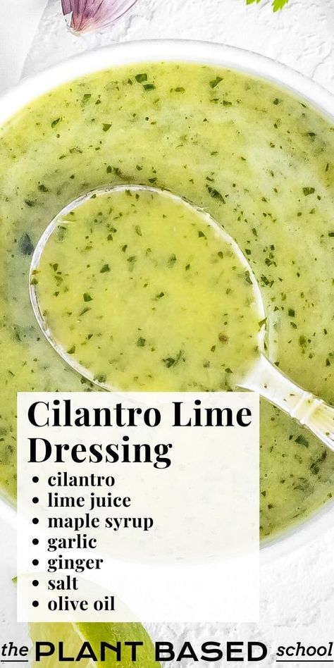 Cilantro lime dressing is one of our favorite green herb dressings because is quick and easy to make, and because it brightens up pretty much any meal. Vegan Salad Dressings Plant Based, Easy Cilantro Lime Dressing, Vegan Mexican Salad Dressing, Vegan Sauces And Dressings, Vegan Cilantro Sauce, Vegan Mexican Salad, Healthy Dressings For Salads, Hazelnut Dressing, Salad Dressings Recipes