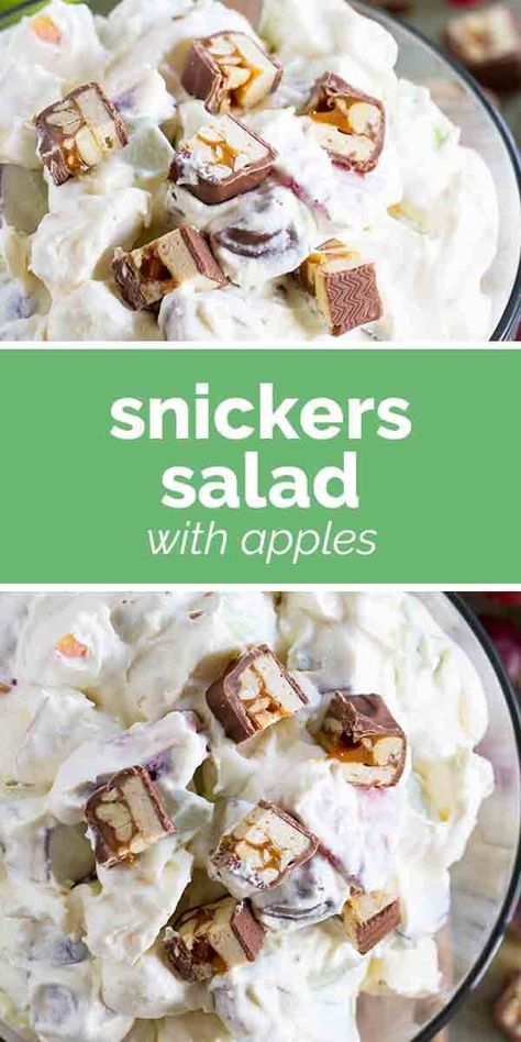 Snickers Salad – a sweet salad with apples, grapes, strawberries and Snickers bars in a sweet, creamy mixture. Serve as a side dish or as a dessert. Dessert Salad Recipes, Sweet Salad, Snicker Apple Salad, Fruit Salad With Pudding, Snickers Salad, Summer Desserts Easy Healthy, Salad With Apples, Strawberry Pretzel Salad, Easy Summer Desserts