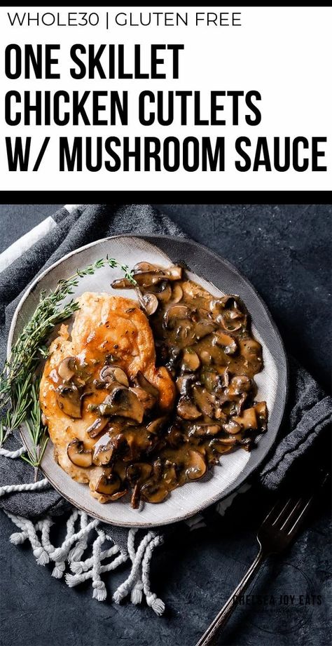 One skillet chicken cutlets with mushroom sauce - it's faster and easier than you think, and dinner is going to be DELICIOUS! This one pan recipe is gluten free, paleo, and Whole30. #paleo #glutenfree #oneskillet #whole30 Gluten Free Breaded Chicken, One Skillet Chicken, One Pan Recipe, Breaded Chicken Cutlets, Paleo Friendly Recipes, Pan Recipe, One Skillet Meals, One Skillet, Paleo Snacks