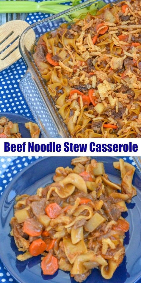 Beef Noodle Stew Casserole - This hearty meal is perfect for when the temperatures dip. This quick and easy casserole has all of the meat, veggies and noodles you need in one dish topped with crunchy onions. A perfect dinner recipe for the whole family. #dinnerrecipe #dinner #casserolerecipie #fallrecipe #familyfriendly #quickandeasy Beef Noodle Stew, Crunchy Onions, Veggies And Noodles, Dinner Recipes Beef, Casserole Beef, Beef Food Recipes, Delicious Family Dinners, Beef Noodles, Beef Stew Meat