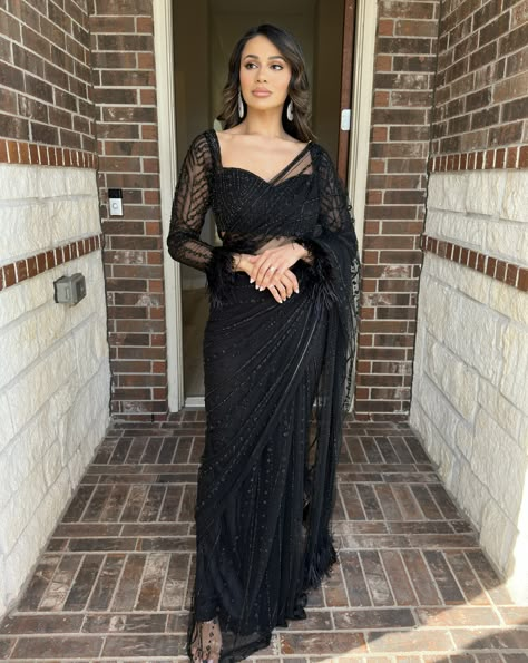 Sheer Saree Blouse Designs, Sarees For Brothers Wedding, Dinner Saree Blouse Design, Black Saree Blouse Ideas, Saree From Scratch Ideas, Black Saree Farewell, Saree Outfit For Farewell, Long Sleeve Saree Blouse Designs, Black Saree For Wedding