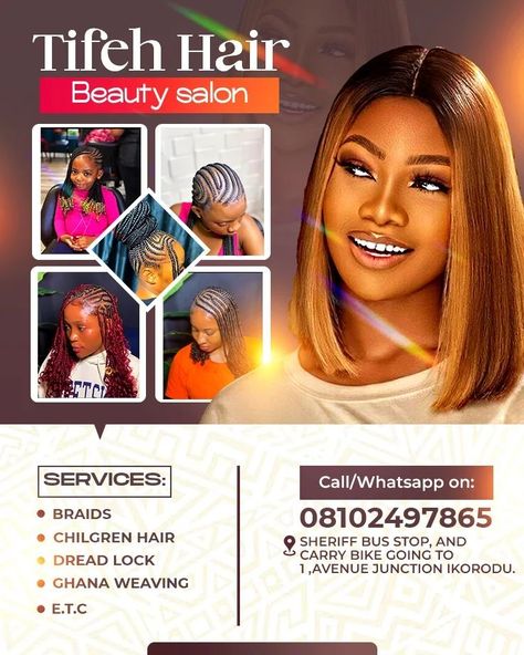 Tifeh hair beauty salon flyer please help me patronize her Salon Flyer Design, Beauty Salon Flyer, Hair Salon Design, Hair Beauty Salon, Church Poster Design, Church Poster, Flyer And Poster Design, Food Poster Design, Salon Services