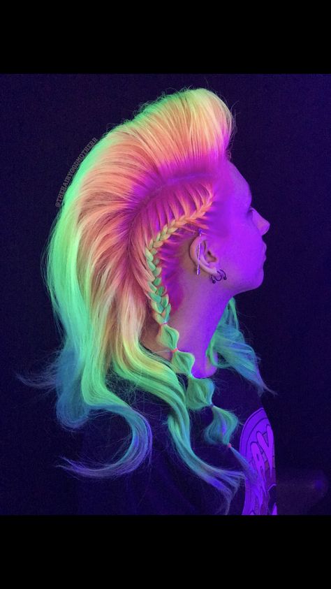 Rainbow neon festival hair done with Pravana vivids.  Blacklight EDC rave UV reactive braid braids party hair Rocker Hair, High Ponytail Hairstyles, Rave Hair, Creative Hair Color, Candy Hair, Neon Hair, Bright Hair Colors, Birthday Hair, Punk Hair