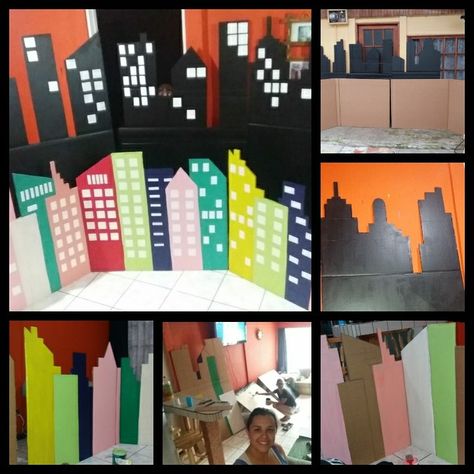 Edificios hechos de cartón para escenario Ideas Cumpleaños, Ideas Navidad, Kids Deco, Zootopia, Festival, Comics, Halloween