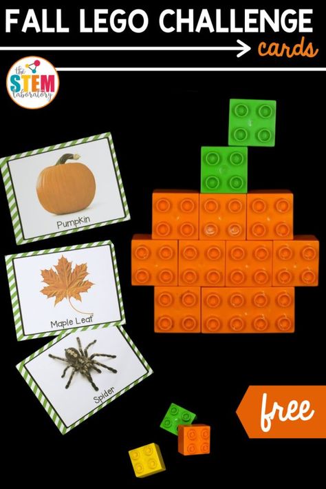 These fall lego challenge cards are the perfect activity for stem bins or math centers! Kindergarten and first graders are sure to love them! Easy to set up and fun to play, making them perfect for the classroom or at home. #stemchallenge #legoactivities #fallgames Fall Makerspace Activities, Lego Fall Ideas, Stem Lego Challenges, Fall Lego Ideas, Lego Challenge Cards, Winter Stem Challenges, Math Stem Activities, Free Math Centers, Stem Bins