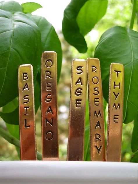 Copper plant labels Plant Tags Diy, Plant Markers Diy, Markers Ideas, Herb Garden Markers, Garden Plant Markers, Copper Plant, Diy Marker, Herb Markers, Garden Tags