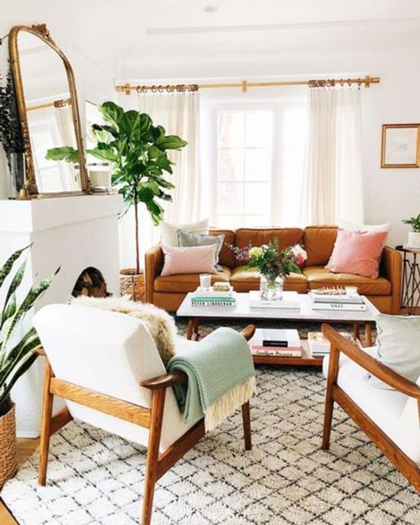 'Tis the season for houseplants galore. Follow us on instagram for everyday home inspo! Fiddle Fig, Palette Design, Cute Dorm Rooms, Living Comedor, Neutral Living Room, White Brick, How To Give, Brick Fireplace, Boho Living