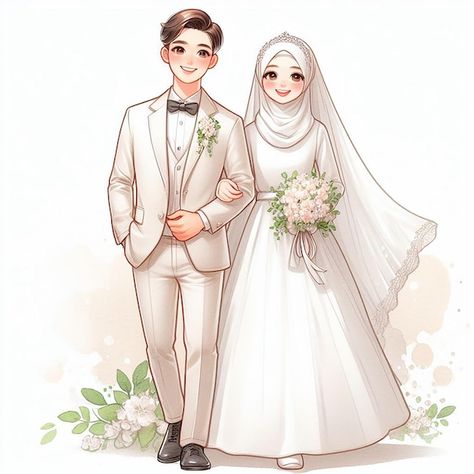 Muslim Wedding Couple, Couple Cartoon Pictures, Simple Wedding Invitation Card, Muslim Wedding Photos, Couple Illustration Wedding, Bride And Groom Cartoon, Wedding Couple Cartoon, Baby Cartoon Drawing, Wedding Collage