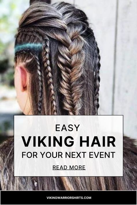 Woman with intricately braided Viking hairstyle, overlaid with text 'Easy Viking Hair for Your Next Event - Read More'. Viking Women Accessories, Viking Hair For Fine Hair, Viking Witch Hair, Diy Viking Hairstyles Women, Norse Witch Makeup, Viking Braids Female Tutorial, Viking Woman Hairstyles, Nordic Braids Women, Viking Hair Women