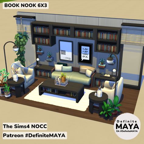 Sims Study Room Ideas, Sims 4 Lounge Room Ideas, Sims 4 Reading Nook, Sims 4 Study Room, Sims 4 Bookstore, Modern Home Library, Living Room Sims 4, Sims 4 Houses Layout, Sims 4 House Plans