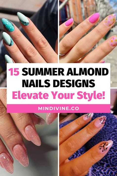 Explore the most fashionable summer almond nails trends. With 15 unique and creative designs, including bright color options and adorable pink shades, you'll have plenty of ideas for your next nail salon visit. Trendy Nails 2024 Summer, Summer Almond Nails 2024, Simple Summer Nails 2024, Summer Nails 2024 Trends Almond Simple, Short Almond Nails Summer, Summer Almond Nails, Almond Nail Designs, Teal Nails, Short Almond Nails