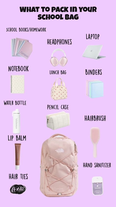 School Backpack Essentials, Preppy School Supplies, Pretty School Supplies, Everyday Bag Essentials, School Checklist, Middle School Outfits, School Bag Essentials, Backpack Essentials, Cute School Stationary