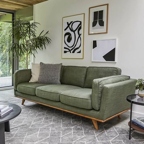 Green Couches, Green Couch Living Room, Green Couch, Mid Century Modern Living Room, Green Sofa, Grey Flooring, Living Room Green, Living Room Inspo, A Living Room