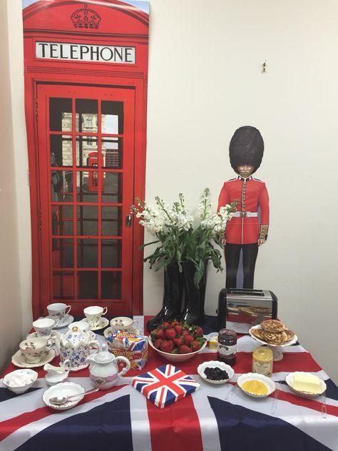 British tea party, English tea, British theme party, London, England, Beatles English Party Decorations, British Decoration Party, London Theme Parties, British Themed Parties, British Tea Time, Beatles Theme, England Party, British Tea Party, British Party