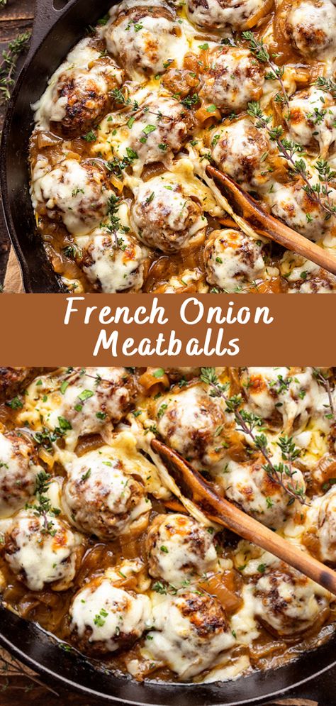 French Onion Filet Mignon, French Onion Meatball Skillet, Meatball French Onion Soup, French Onion Meatballs With Orzo, French Onion Soup With Meatballs, Campbell French Onion Soup Recipe, Things To Do With Meatballs Dinners, Meatballs Onion Soup Mix Recipe, French Onion Soup Hamburger Recipes