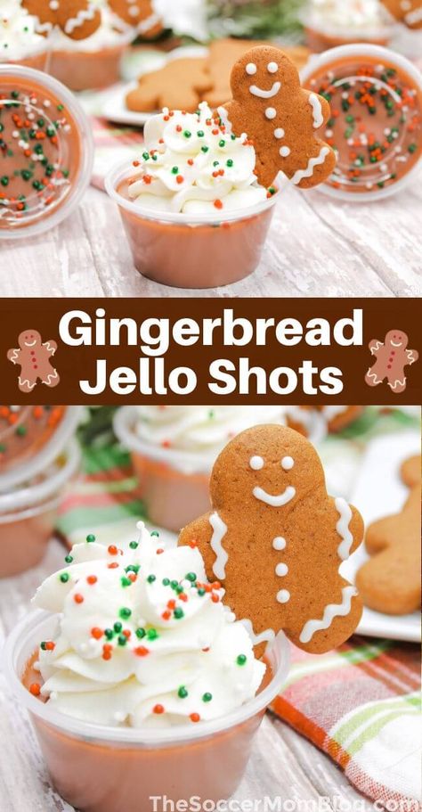 These Gingerbread Jello Shots are cute and easy to make! They taste like a gingerbread cookie, but in a jello shot form! Christmas Dessert Shots, Gingerbread Shots Recipe, Easy Christmas Jello Shots, Butterscotch Jello Shots, Christmas Jello Shots Alcoholic, Christmas Jell-o Shots, Christmas Jelly Shots, Jello Shots Christmas, 1800 Christmas